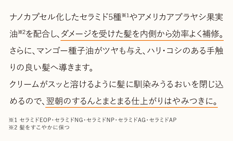 ナノカプセル化したセラミド5種※1やアメリカアブラヤシ果実油※2を配合し、ダメージを受けた髪を内側から効率よく補修。さらに、マンゴー種子油がツヤも与え、ハリ・コシのある手触りの良い髪へ導きます。クリームがスッと溶けるように髪に馴染みうるおいを閉じ込めるので、翌朝のするんとまとまる仕上がりはやみつきに。※1 セラミドEOP・セラミドNG・セラミドNP・セラミドAG・セラミドAP ※2 髪をすこやかに保つ