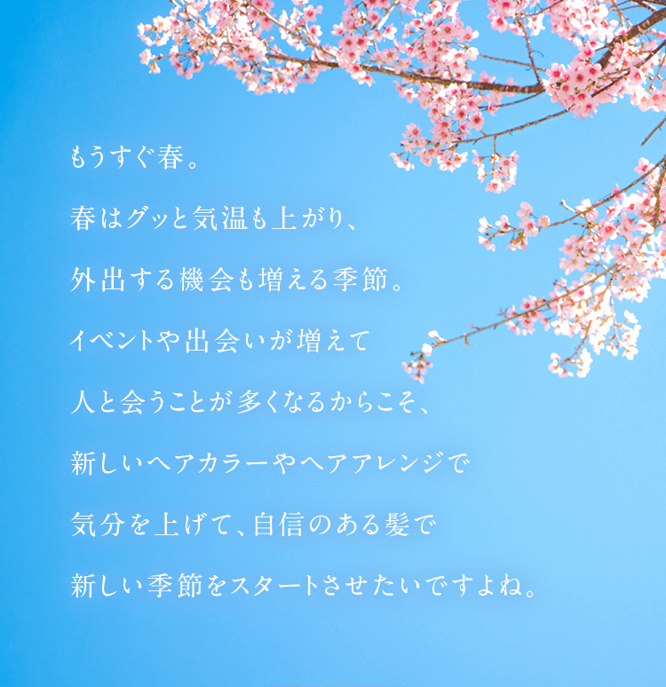 もうすぐ春。春はグッと気温も上がり、外出する機会も増える季節。イベントや出会いが増えて人と会うことが多くなるからこそ、新しいヘアカラーやヘアアレンジで気分を上げて、自信のある髪で新しい季節をスタートさせたいですよね。