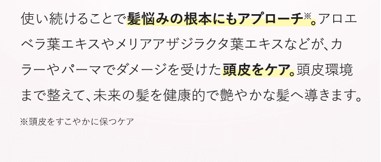 使い続けることで髪悩みの根本にもアプローチ※。アロエベラ葉エキスやメリアアザジラクタ葉エキスなどが、カラーやパーマでダメージを受けた頭皮をケア。頭皮環境まで整えて、未来の髪を健康的で艶やかな髪へ導きます。 ※頭皮をすこやかに保つケア